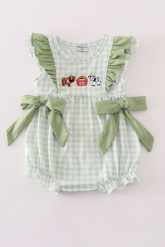 Green farm cow embroidery ruffle gingham bubble